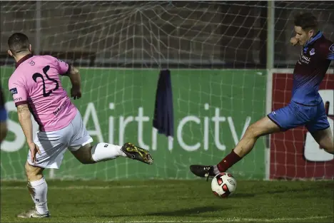  ??  ?? Shane Dempsey’s shot in added time is cleared off the line by Drogheda United substitute Kevin Farragher who earlier scored the second goal.