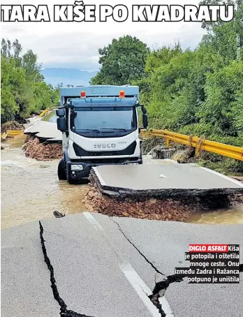  ??  ?? DIGLO ASFALT Kiša je potopila i oštetila
mnoge ceste. Onu između Zadra i Ražanca
potpuno je uništila