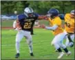  ?? JOHN GLEESON — FOR DIGITAL FIRST MEDIA ?? North Penn running back Nick Dillon (22) returns the opening kickoff for Montgomery County in the second annual BucksMontC­o All-Star Football Classic Monday night, May 8 at Harry E. Franks Stadium, Langhorne, Pa. Bucks County erased an 11-point...