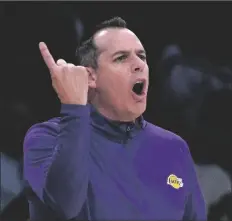  ?? MARK J. TERRILL/AP ?? LOS ANGELES LAKERS HEAD COACH FRANK VOGEL gestures during the second half of a game against the New Orleans Pelicans on Feb. 27, 2022, in Los Angeles.