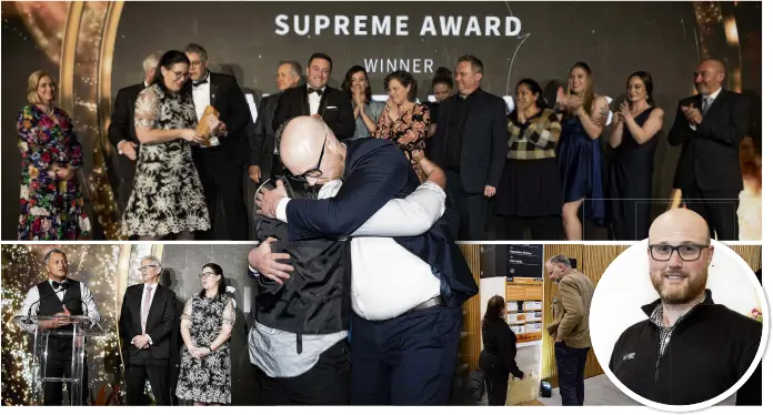  ?? PHOTOS: SUPPLIED ?? Super safe . . . Silver Fern Farms Takapau plant health and safety representa­tive Bevan Thompson (obscured) embraces the company’s group health and safety manager Andrew Mitchell during the New Zealand Workplace Health and Safety Awards; bottom left, Bevan Thompson speaks at the awards watched by Silver Fern Farms director Tim Gibson and chief operating officer Brenda Talacek; bottom right, Andrew Mitchell; Silver Fern Farms chief executive Simon Limmer chats to Finegand plant health and safety representa­tive Jenny Hall.