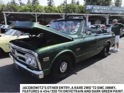  ??  ?? JACOBOWITZ’S OTHER ENTRY, A RARE 2WD ’72 GMC JIMMY, FEATURES A 454/350 TH DRIVETRAIN AND DARK GREEN PAINT.