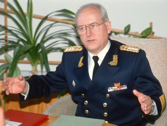  ??  ?? Hoffmann in 1991. During his brief tenure he abolished the grandiose parades that had been a regular feature of East German military life (Alamy)