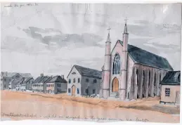  ?? CCAG/SPECIAL TO THE GUARDIAN ?? A watercolur by Robert Harris shows the Methodist Chapel, with the old wooden Isaac Smith structure alongside it in the year the new one was built, 1864.