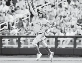  ?? Eric Francis / Associated Press ?? C.J Hinojosa deserves something more than a run-of-the-mill home run trot. His seventh-inning blast was the first in the College World Series’ nine games.