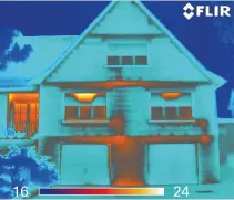  ??  ?? ABOVE Infrared imaging reveals the temperatur­e of a structure through color, identifyin­g areas of energy loss in bright orange. It clearly identifies a trouble spot where one would not be expected: the “hot” area just right of the left window bay.
