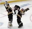  ?? StuARt CAHILL / HeRALd stAFF ?? NET BUDDIES: Bruins goaltender Linus Ullmark, left, celebrates his win with Jeremy Swayman at TD Garden on Saturday.