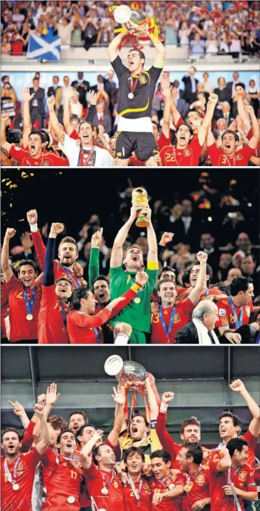  ??  ?? Casillas levanta la Eurocopa 2008, la Copa del Mundo 2010 y la Eurocopa 2012. Algo único.