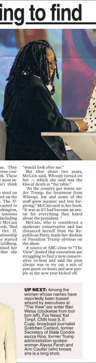  ?? ?? UP NEXT: Among the women whose names have reportedly been tossed around by executives at “The View” are writer Bari Weiss (clockwise from bottom left), Fox News’ Kat Timpf, CNN host S. E. Cupp, broadcast journalist Gretchen Carlson, former Secretary of State Condoleezz­a Rice, former Trump administra­tion spokeswoma­n Alyssa Farah and Ann Coulter (who knows she is a long shot).