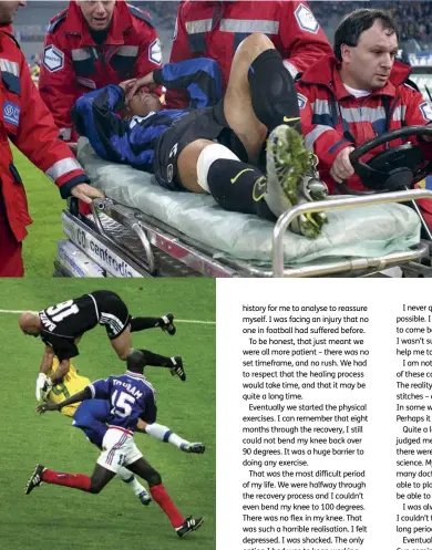  ??  ?? Above The Brazilian No.9 gets wiped out by Fabien Barthez during the France 98 final – only hours after suffering convulsion­s Top Ronaldo wrecked his knee in a 2000 Coppa Italia tie for Inter and feared he’d never play football again