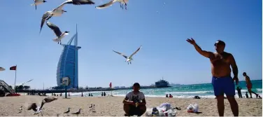  ?? File/ Agence France-presse ?? ↑
A man feeds seagulls on the beach near the Burj Al-arab in Dubai. The photo has been used for illustrati­ve purposes.