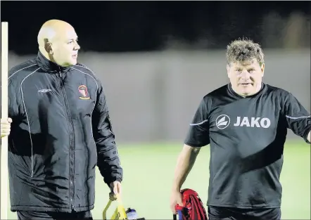  ??  ?? n WANDERING DAYS ARE OVER: Hayes director of football Tristan Lewis, left, with manager Mickey Lewis are looking forward to the club’s first game at their new stadium, below. Pictures: John-Patrick Fletcher