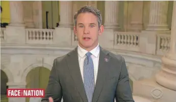  ?? SCREEN IMAGE ?? Rep. Adam Kinzinger, R-Ill., on Sunday talks about his “Country First” drive on “Face the Nation.”