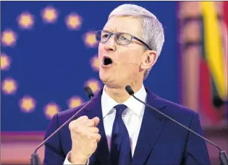  ?? AP PHOTO ?? Apple CEO Tim Cook speaks during a data privacy conference at the European Parliament in Brussels, Wednesday.