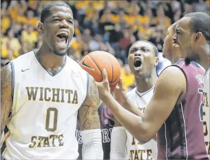  ?? ASSOCIATED PRESS FILE PHOTO ?? In this March 1, 2014 file photo, Wichita State’s Chadrack Lufile (0) celebrates with teammates Cleanthony Early (middle) and Nick Wiggins during the Shockers’ NCAA college basketball game against Missouri State in Wichita, Kan. Wichita State won the game to finish the regular-season with a perfect 31-0 record and went on to the Final Four in the NCAA Tournament.