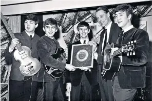 ??  ?? The Beatles with their producer George Martin, second right, holding a silver disc in 1963. Right: Sir George embraces his first child, Alexis, on a beach. He left her mother, Jean, known as ‘Sheena’, in 1962. Alexis Stratfold, below, as she is today