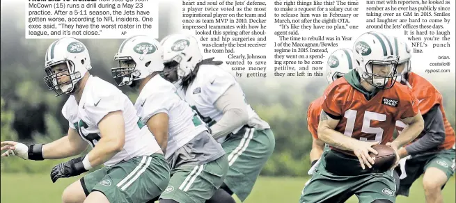  ?? AP ?? FROM BAD TO WORSE: New Jets QB Josh McCown (15) runs a drill during a May 23 practice. After a 5-11 season, the Jets have gotten worse, according to NFL insiders. One exec said, “They have the worst roster in the league, and it’s not close.”