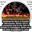  ??  ?? Saddlewort­h Moor in Greater Manchester, Winter Hill in Lancashire and in the Vale of Rheidol in Ceredigion, Wales were all sites of wildfires in June