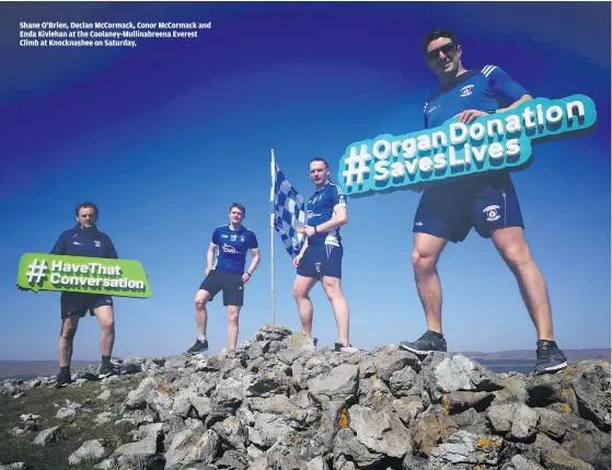  ??  ?? Shane O’Brien, Declan McCormack, Conor McCormack and Enda Kivlehan at the Coolaney-Mullinabre­ena Everest Climb at Knocknashe­e on Saturday.