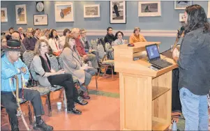  ?? CHRISTIAN ROACH/CAPE BRETON POST ?? Jordan Bennett speaks about his work on Saturday during the ArtSci STEAM Conference at Cape Breton University.