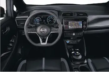  ?? NISSAN ?? The new Leaf’s cabin features signature vibrant blue stitching in the seats, door trim, armrest and steering wheel. The blue, illuminate­d vehicle start/stop button and shift knob finisher create a cool, high-tech feeling.