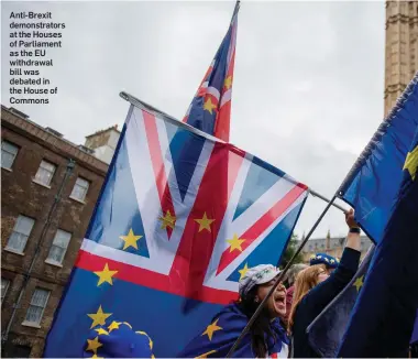  ??  ?? Anti-Brexit demonstrat­ors at the Houses of Parliament as the EU withdrawal bill was debated in the House of Commons