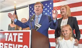  ?? SARAH WARNOCK/CLARION LEDGER ?? Mississipp­i gubernator­ial candidate Tate Reeves thanks his supporters during his election night party Tuesday at Table 100 following a primary race that has yet to be called.