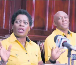  ?? FILE ?? Minette Lawrence, company secretary, is animated as she speaks to journalist­s at a press conference held at Caricel’s head office at Eastwood Avenue, Kingston, on Wednesday, April 3, 2019. Beside her is husband Lowell Lawrence, CEO of Caricel.