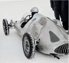  ??  ?? Above right, below right: Making a virtue of simplicity, Otto Mathé’s single-seater was excellent advertisin­g for his special lubricants. Spiked tyres were the key to success in ice racing