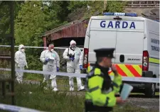  ??  ?? Gardaí at the derelict house and farmyard and, below, searching agricultur­al field between St Catherine’s park and the farmhouse grounds. Photos: Caroline Quinn, Colin Keegan