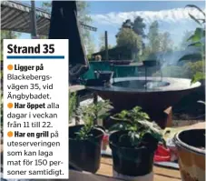  ?? FOTO: PRIVAT ?? Ligger på Blackeberg­svägen 35, vid Ängbybadet.
Har öppet alla dagar i veckan från 11 till 22.
Har en grill på uteserveri­ngen som kan laga mat för 150 personer samtidigt.
UTOMHUS. Restaurang­en har plats för 200 gäster och en stor grill utomhus.