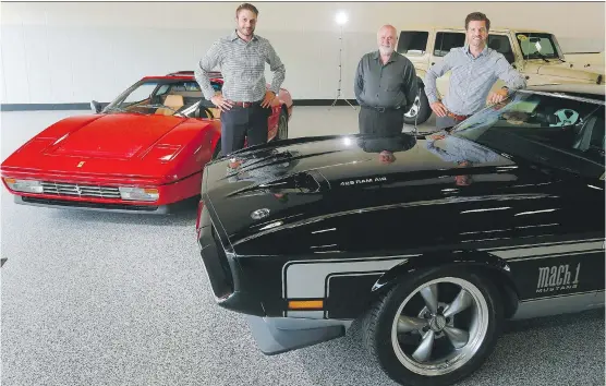  ?? GAVIN YOUNG/ CALGARY HERALD ?? General manager Cailean Wood, left, joins sales specialist­s Hubert Miller and Rick Materi in Driverz Auto’s new showroom.