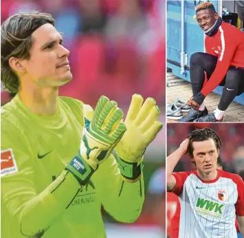  ?? Fotos: Ulrich Wagner ?? Einmal mehr in der Benotung der Beste: FCA Torwart Marwin Hitz zeigte in seiner Abschiedss­aison starke Leistungen. Eine Über raschung der Saison war – erst positiv, dann negativ – Daniel Opare (oben rechts). Äußerst zufrieden sein darf Michael Grego...