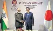  ??  ?? Prime Minister Narendra Modi with Japanese Prime Minister Shinzo Abe on the sidelines of the 16th India-asean Summit in Bangkok. PTI