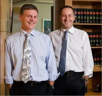  ??  ?? English, pictured here as Finance Minister with PM John Key in 2011, believes he has picked up some of Key’s political instincts.