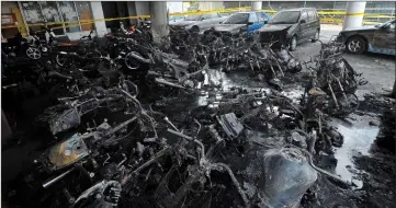  ??  ?? Forty-one motorcycle­s and five cars were razed during a fire at Wisma Telaga Air, Jalan Telaga Air in Butterwort­h yesterday morning. Firemen put out the 2.45am fire in about 15 minutes. No casualties were reported and the amount of loss is yet to be...