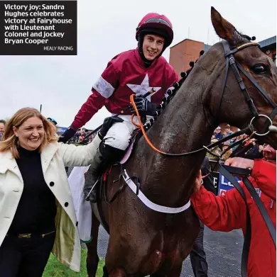  ??  ?? Victory joy: Sandra Hughes celebrates victory at Fairyhouse with Lieutenant Colonel and jockey Bryan Cooper