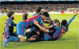  ?? Picture: XINHUA ?? KNOCKOUT FOOTBALL: Barcelona players celebrate their victory after the Champions League last-16 second leg match against Paris Saint-Germain at the Nou Camp