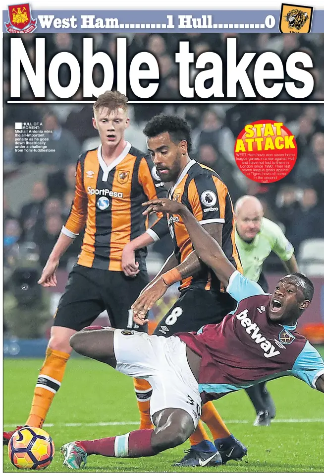  ??  ?? HULL OF A MOMENT: Michail Antonio wins the all-important penalty as he goes down theatrical­ly under a challenge from Tom Huddleston­e