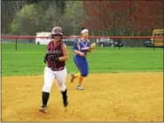  ?? PHOTO BY PETER WALLACE ?? Torrington’s Alexis Tyrrell heads for third after a first-inning home run in Torrington softball’s loss to Seymour Monday afternoon.