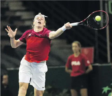  ?? GREG SOUTHAM ?? Denis Shapovalov, playing for Canada Friday in Davis Cup action in Edmonton, “looks like the real deal,” says former pro Mike Belkin.