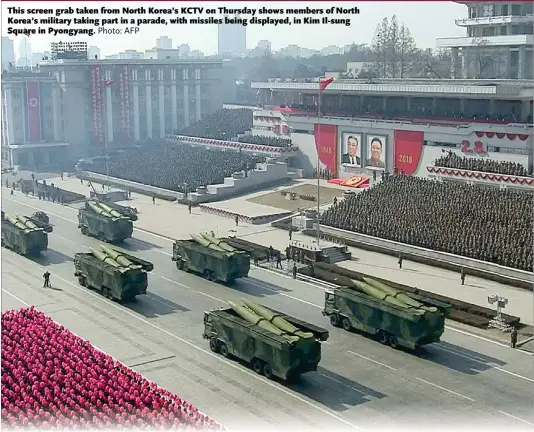  ?? Photo: AFP ?? This screen grab taken from North Korea’s KCTV on Thursday shows members of North Korea’s military taking part in a parade, with missiles being displayed, in Kim Il-sung Square in Pyongyang.