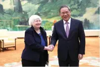  ?? — REUTERS ?? US Treasury Secretary Janet Yellen meets Chinese Premier Li Qiang at the Great Hall of the People in Beijing on Sunday.