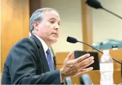  ?? Associated Press file photo ?? Texas Attorney General Ken Paxton speaks during a hearing July 29, 2015, in Austin. Paxton, who is under indictment on felony charges of duping investors in a tech startup, accepted $100,000 for his criminal defense from the head of a radiology...