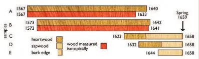  ??  ?? Below: The growth rings in the two samples dated by oxygen isotope dendrochro­nology ( a, b) could be matched against three samples with sapwood and bark ( c–e), allowing a precise felling date to be determined