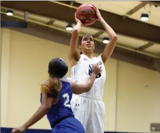  ?? Cory Rubin/For The Signal ?? TMU freshman Stephanie Soares rises up for the jumper against Westcliff University on Nov. 16 at The Master’s University. The Mustangs beat Wayland Baptist on Monday.