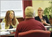  ?? BEN LAMBERT / HEARST CONNECTICU­T MEDIA ?? Board Chairman Fiona Cappabianc­a speaks Wednesday evening, as the Torrington Board of Education deals with a potential cash crunch.