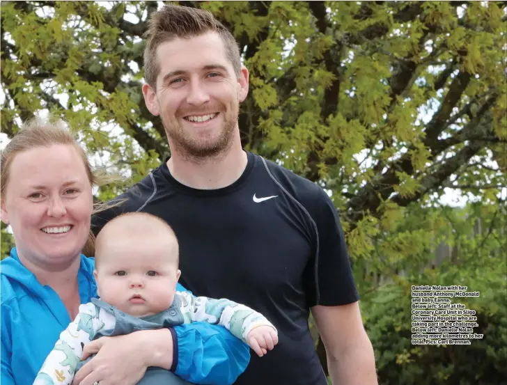  ??  ?? Danielle Nolan with her husband Anthony McDonald and baby Éanna.
Below left: Staff at the Coronary Care Unit in Sligo University Hospital who are taking part in the challenge. Below left: Danielle Nolan adding more kilometres to her total. Pics: Carl Brennan.