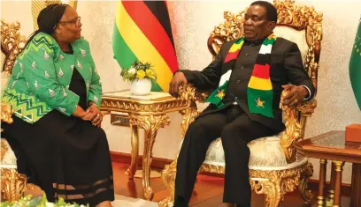  ?? ?? President Mnangagwa is briefed by Zimbabwe’s Ambassador to the African Union and Ethiopia, Sophia Nyamudeza, upon arrival in Addis Ababa for the 37th Ordinary Session of the Assembly of the African Union yesterday