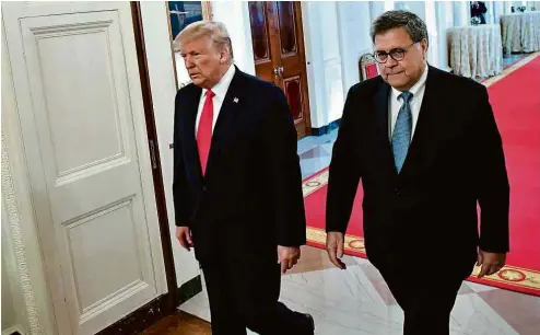  ?? Nicholas Kamm 9.set.19/AFP ?? O presidente dos EUA, Donald Trump, e o secretário de Justiça, William Barr, em setembro de 2019; Barr contestou publicamen­te o mandatário, em atitude inédita